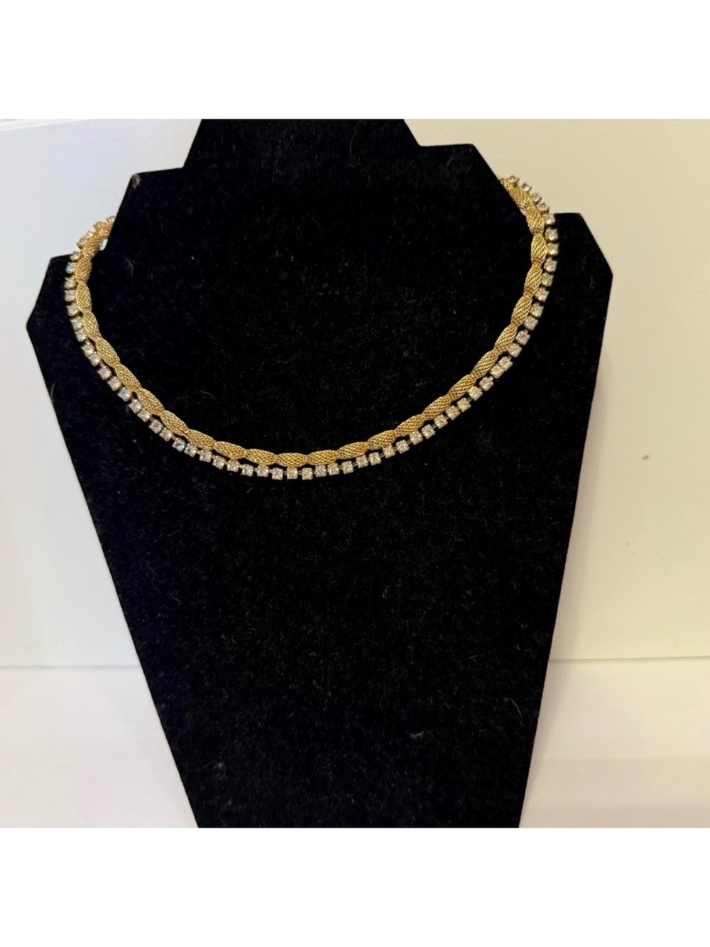 VINTAGE NECKLACE CHOKER GOLD TONE MESH CLEAR RHINESTONES 14” ADJUSTABLE JEWELRY